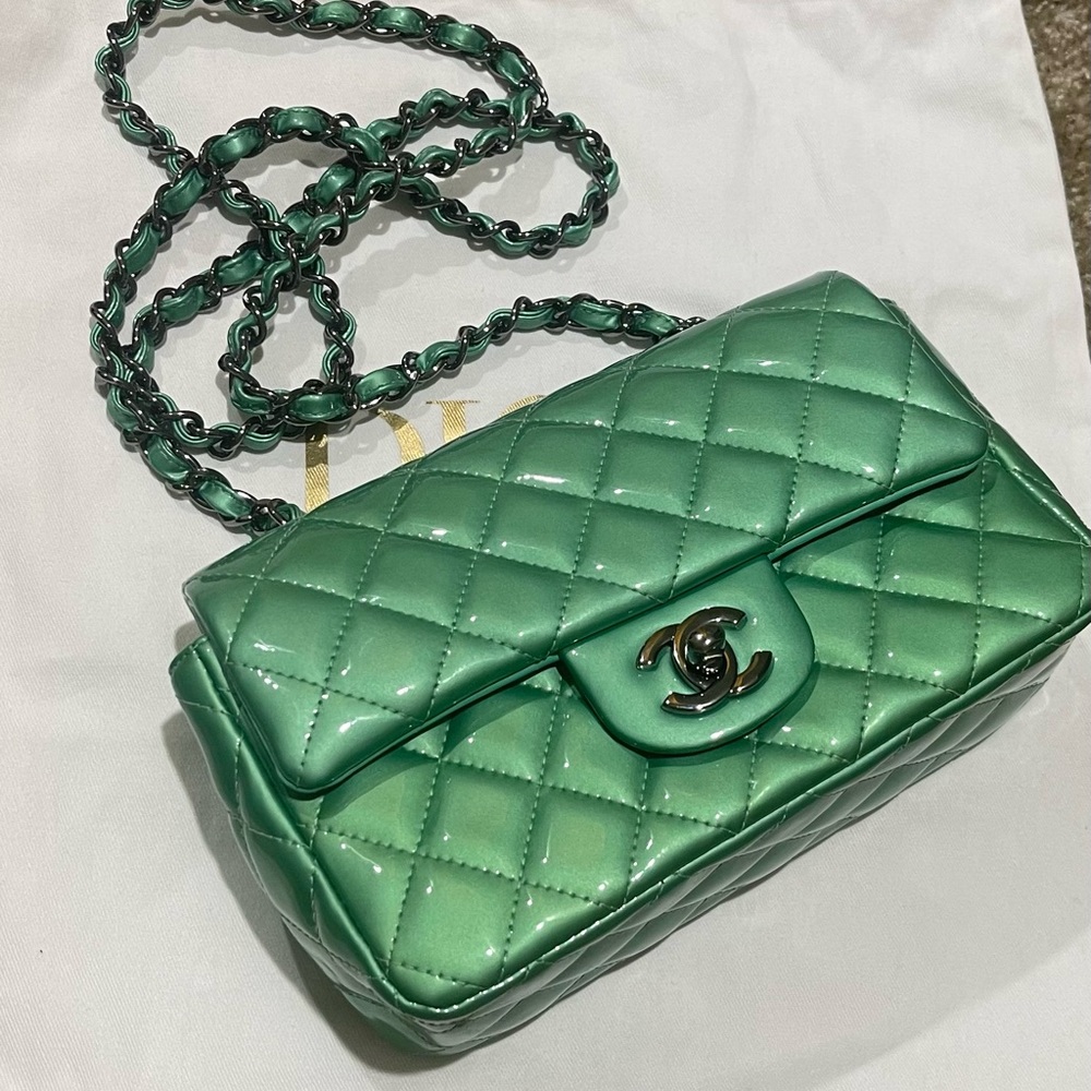 Chanel Green Patent Leather Classic Mini Flap Bag.
